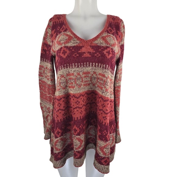 Free People Lightweight Wool Alpaca Blend Orange Red Tan Aztec Sweater L - Picture 1 of 4